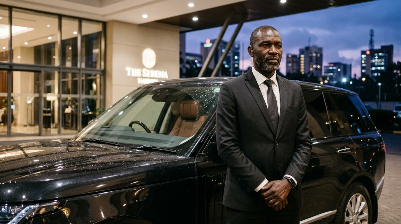 Champion Security VIP close protection officers standing guard beside luxury convoy